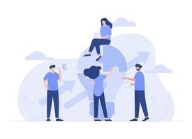 Teamwork connecting light bulb puzzle, finding ideas solving problems. Modern flat illustration vector