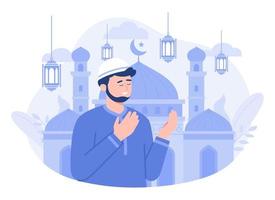 A man praying and wishes happy ramadhan, Eid al fitr illustration. Modern vector flat illustration