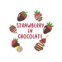 Vector strawberry in dark chocolate set. Different strawberries in dark and white chocolate. Cartoon vector illustration.