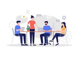 Workers are sitting at the negotiating table, collective thinking and brainstorming, company information analytics. Modern vector flat illustration.