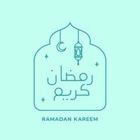ramadan kareem simple outline calligraphy text with crescent moon and lantern lamp vector illustration for islamic fasting month event logo badge.  Arabic Translation Ramadan Kareem