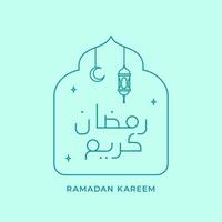 ramadan kareem simple outline calligraphy text with crescent moon and lantern lamp vector illustration for islamic fasting month event logo badge.  Arabic Translation Ramadan Kareem