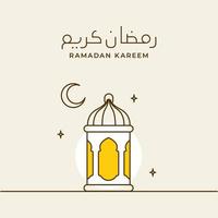 ramadan kareem simple line calligraphy with eastern traditional lantern lamp and crescent moon vector illustration for islamic fasting month event poster design.  Arabic Translation Ramadan Kareem