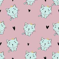 Cute Cats Seamless Pattern, Cartoon Animals Background, Vector Illustration,