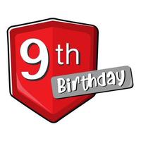 9th birthday on red Secure shield.  vector illustration isolated on white background. Flat design