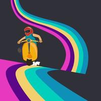 hombre en casco montando un motocicleta en línea arcoiris antecedentes gráfico. ilustraciones, plano diseño vector