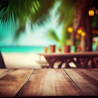 Old wooden table top on blurred beach background with coconut palm leaf. Concept Vacation, Summer, Beach, Sea - image photo