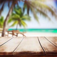 Old wooden table top on blurred beach background with coconut palm leaf. Concept Vacation, Summer, Beach, Sea - image photo