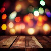 Wooden tabletop background colored bokeh - image photo