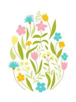 Spring flowers in egg shape. Tulips, cornflowers, campanulas, daisies. Easter holiday decoration. Hand drawn botanical illustration isolated on white background. vector