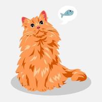 linda gato pensando acerca de alimento. hambriento gato. dibujos animados ilustración. globo texto con pescado icono. lleno cuerpo. mascotas, animales para imprimir, pegatina, póster, y más. vector