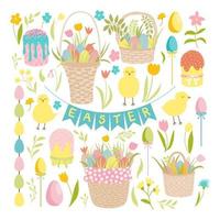 Easter vector clip art set. Happy Easter. Different kinds of vector element for April holiday decor. Baby chickens, wicker picnic basket, coloured eggs, garlands, cake, tulips, flowers, leaves.