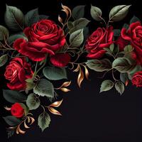 Red rose on black background, floral template - image photo