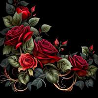 Red rose on black background, floral template - image photo