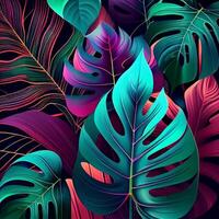 Green tropical monstera leaves, palm trees, ferns and ornamental plants - AI generated image photo