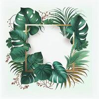 Template, postcard, banner for advertising green tropical Monstera leaves, palm trees - image photo