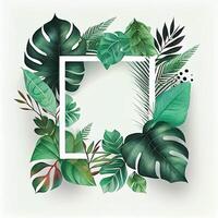 Template, postcard, banner for advertising green tropical Monstera leaves, palm trees - image photo