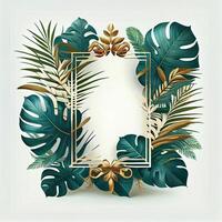 Template, postcard, banner for advertising green tropical Monstera leaves, palm trees - image photo