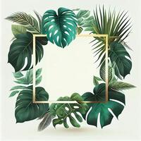 Template, postcard, banner for advertising green tropical Monstera leaves, palm trees - image photo