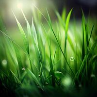 Beautiful texture of green meadow grass with dew drops close up, abstract blur natural bokeh background - Image photo