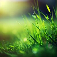 Beautiful texture of green meadow grass with dew drops close up, abstract blur natural bokeh background - Image photo
