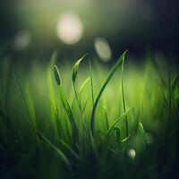 Beautiful texture of green meadow grass with dew drops close up, abstract blur natural bokeh background - Image photo