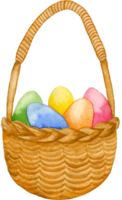 waterverf rieten mand met gekleurde eieren. hoog kwaliteit hand- getrokken Pasen mand met eieren illustratie png