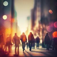 multitud de personas caminando desde trabajar, puesta de sol borroso bokeh antecedentes - ai generado imagen foto