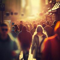 multitud de personas caminando desde trabajar, puesta de sol borroso bokeh antecedentes - ai generado imagen foto