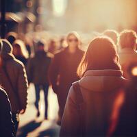 multitud de personas caminando desde trabajar, puesta de sol borroso bokeh antecedentes - ai generado imagen foto