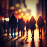 multitud de personas caminando desde trabajar, puesta de sol borroso bokeh antecedentes - ai generado imagen foto