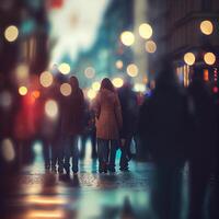 multitud de personas caminando desde trabajar, puesta de sol borroso bokeh antecedentes - ai generado imagen foto