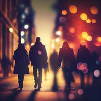 Crowd of people walking from work, sunset blurred bokeh background - image photo