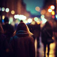 Crowd of people walking from work, sunset blurred bokeh background - image photo