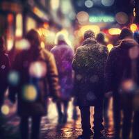 multitud de personas caminando desde trabajar, puesta de sol borroso bokeh antecedentes - ai generado imagen foto