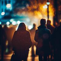 multitud de personas caminando desde trabajar, puesta de sol borroso bokeh antecedentes - ai generado imagen foto