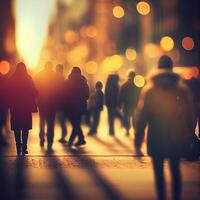 multitud de personas caminando desde trabajar, puesta de sol borroso bokeh antecedentes - ai generado imagen foto