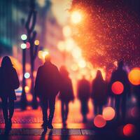 multitud de personas caminando desde trabajar, puesta de sol borroso bokeh antecedentes - ai generado imagen foto