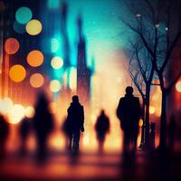 Crowd of people walking from work, sunset blurred bokeh background - image photo