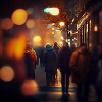 multitud de personas caminando desde trabajar, puesta de sol borroso bokeh antecedentes - ai generado imagen foto