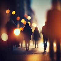 multitud de personas caminando desde trabajar, puesta de sol borroso bokeh antecedentes - ai generado imagen foto