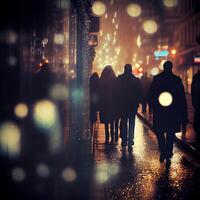 Crowd of people walking from work, sunset blurred bokeh background - image photo