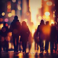 multitud de personas caminando desde trabajar, puesta de sol borroso bokeh antecedentes - ai generado imagen foto