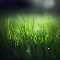 Beautiful texture of green meadow grass with dew drops close up, abstract blur natural bokeh background - Image photo