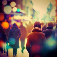 multitud de personas caminando desde trabajar, puesta de sol borroso bokeh antecedentes - ai generado imagen foto