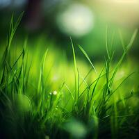 Beautiful texture of green meadow grass with dew drops close up, abstract blur natural bokeh background - Image photo