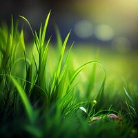 Beautiful texture of green meadow grass with dew drops close up, abstract blur natural bokeh background - Image photo