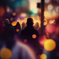 multitud de personas caminando desde trabajar, puesta de sol borroso bokeh antecedentes - ai generado imagen foto