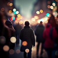 multitud de personas caminando desde trabajar, puesta de sol borroso bokeh antecedentes - ai generado imagen foto