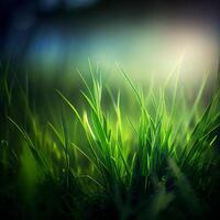 Beautiful texture of green meadow grass with dew drops close up, abstract blur natural bokeh background - Image photo